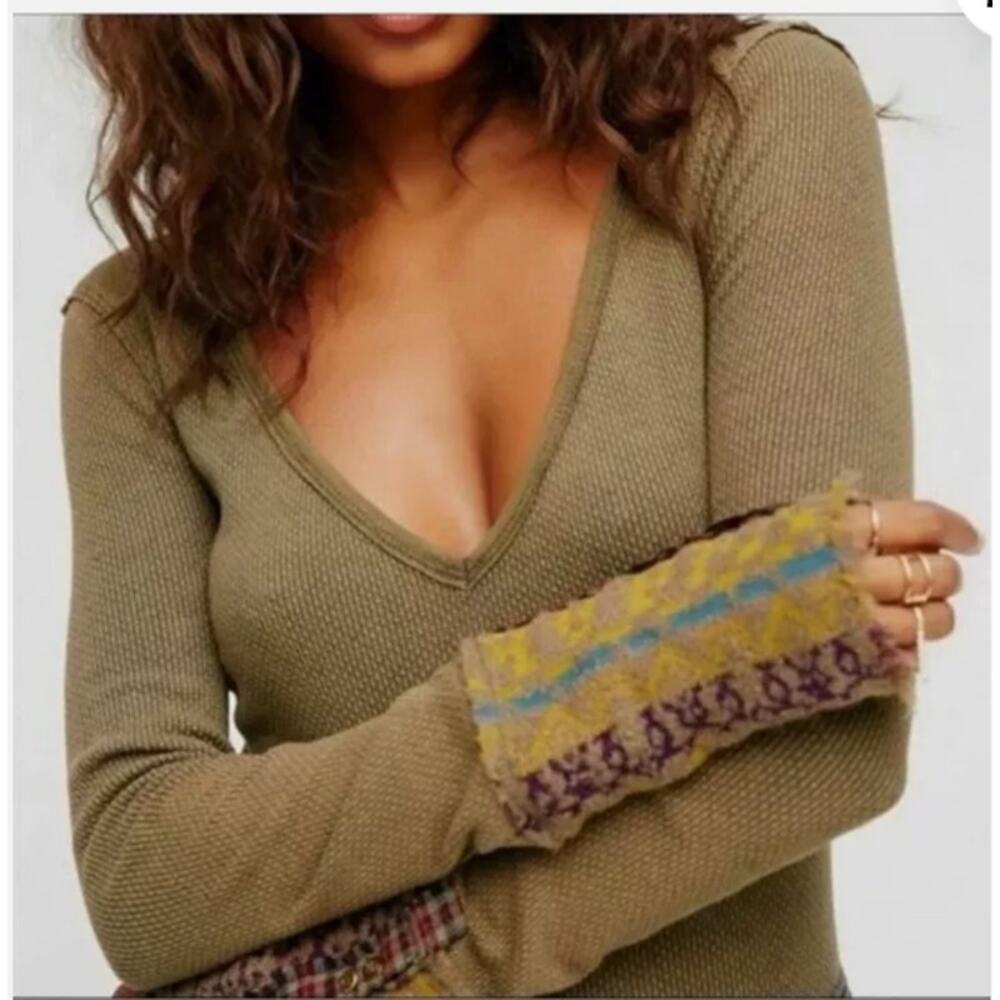 Free People green top ~ waffle olive green fairy grunge art school